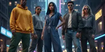 Diverse individuals in modern gender-neutral streetwear in a vibrant city