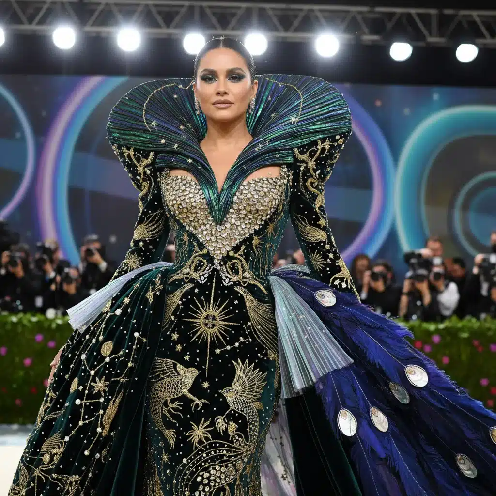 Close-up of an intricately embroidered haute couture gown at the 2026 Met Gala.