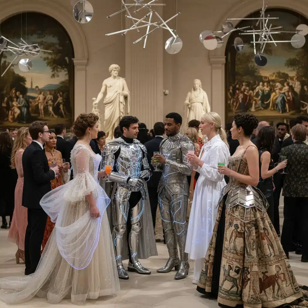 Diverse attendees at 2026 Met Gala discussing fashion amidst art.